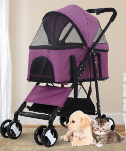 Folding Pet Stroller Dog Cat Stroller with Detachable Carrier Storage Basket, 3 in 1 Lightweight Waterproof Travel Stroller(Purple)
