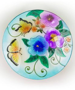 Alpine Corporation 18 in. Glass Birdbath Topper with Colorful Butterfly and Flowers KPP606T-18