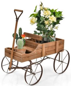 HONEY JOY Wooden Garden Flower Planter Wagon Wheel Plant Bed Decorative Garden Planter for Backyard Garden Brown TOPB004892