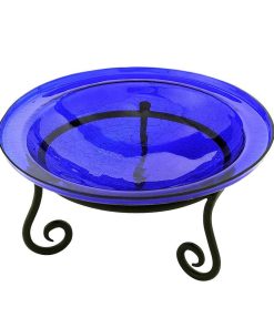Achla Designs 12.5 in. Dia Cobalt Blue Reflective Crackle Glass Birdbath Bowl with Short Stand CGB-01CB-S1