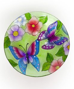 Alpine Corporation 18 in. Round Outdoor Birdbath Bowl Topper with Painted Purple Butterfly and Floral Design KPP612T-18